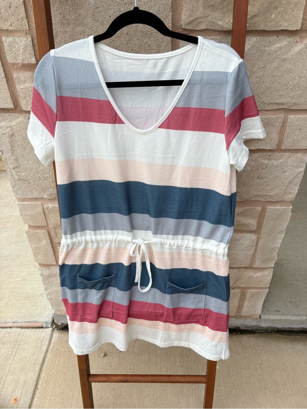 Striped V-Neck Drawstring Waist Short Sleeve Dress in White, Blue & Pink